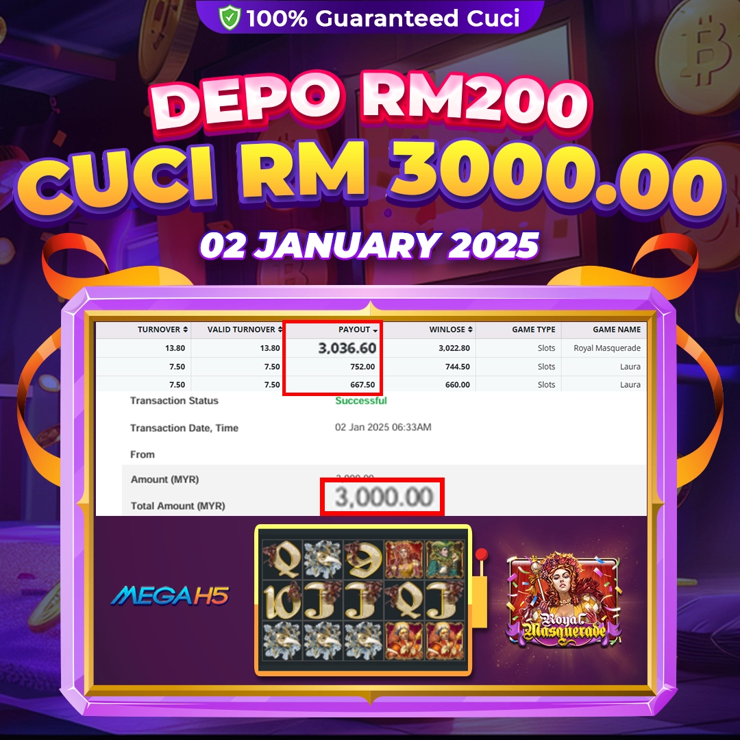 EpicWin x MegaH5: Royal Masquerade win of RM3,000.00 from a RM200 bet.