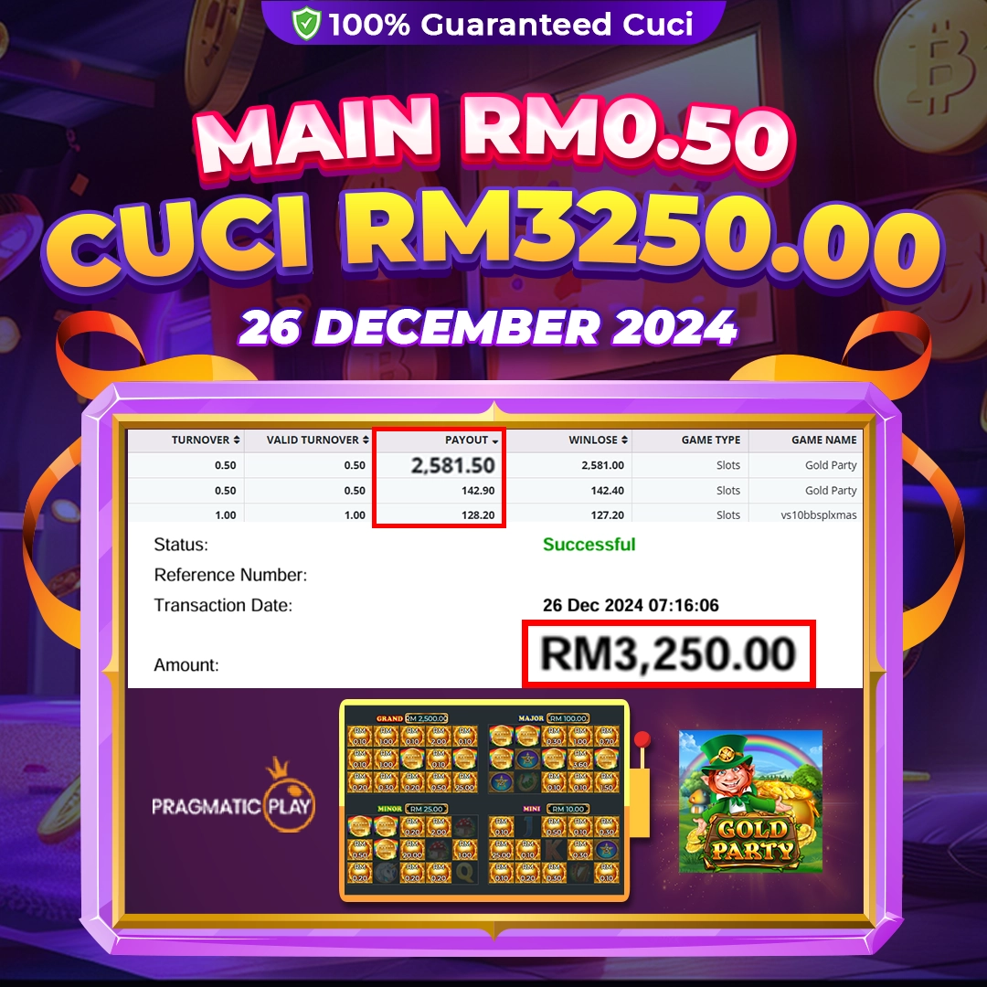 EpicWin x Pragmatic Play: Gold Party win of RM3,250.00 from RM0.50 bet.